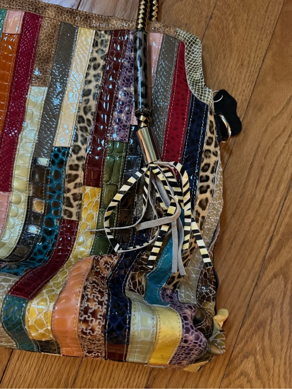 Multicolor Patchwork Faux Exotic Embossed Tote Shoulder Bag Boho Unique Eclectic